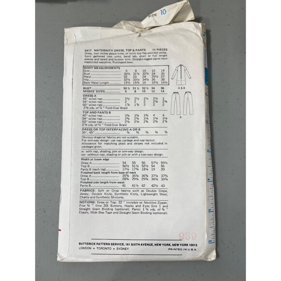 Butterick 6417 Sewing Pattern Size 10 Maternity Dress Top and Pants Vintage CUT - Picture 4 of 6